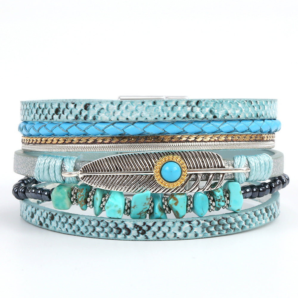 Wholesale Retro Ethnic Style Woven Turquoise Multi-layer Bohemian Magnet Buckle Feather Bracelet